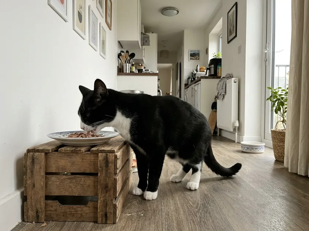 Black and white cat eating from a shallow plate raised on a wooden crate