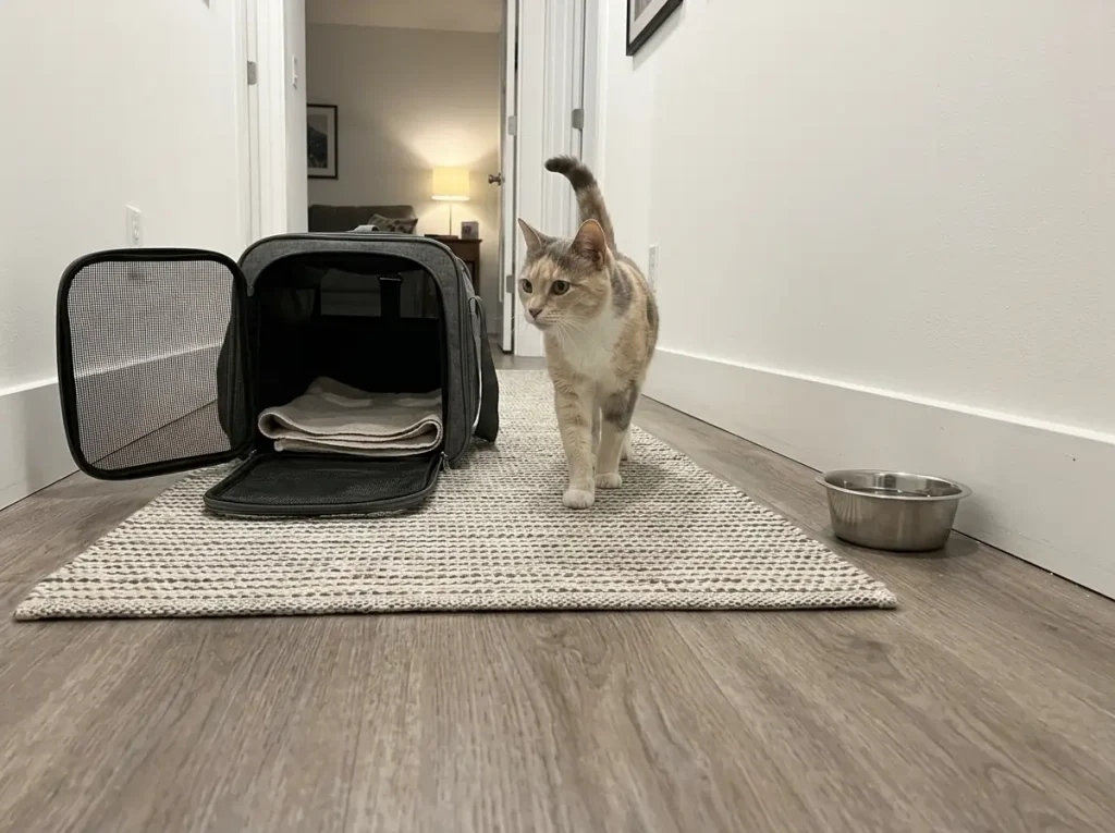 An open cat carrier and a full water bowl in a small apartment hallway