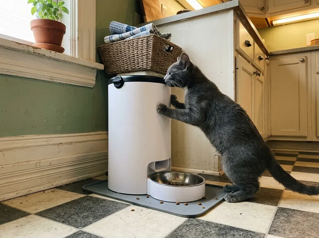 Cat with a paw on the chute of a sealed automatic feeder, investigating the lid