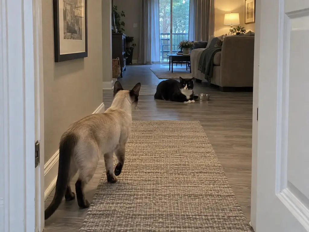 A cat waiting in a hallway doorway while another cat sits at the water bowl beyond