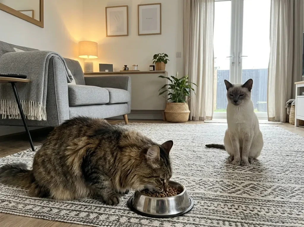 One cat eating fast while a second cat waits a few feet back on the rug