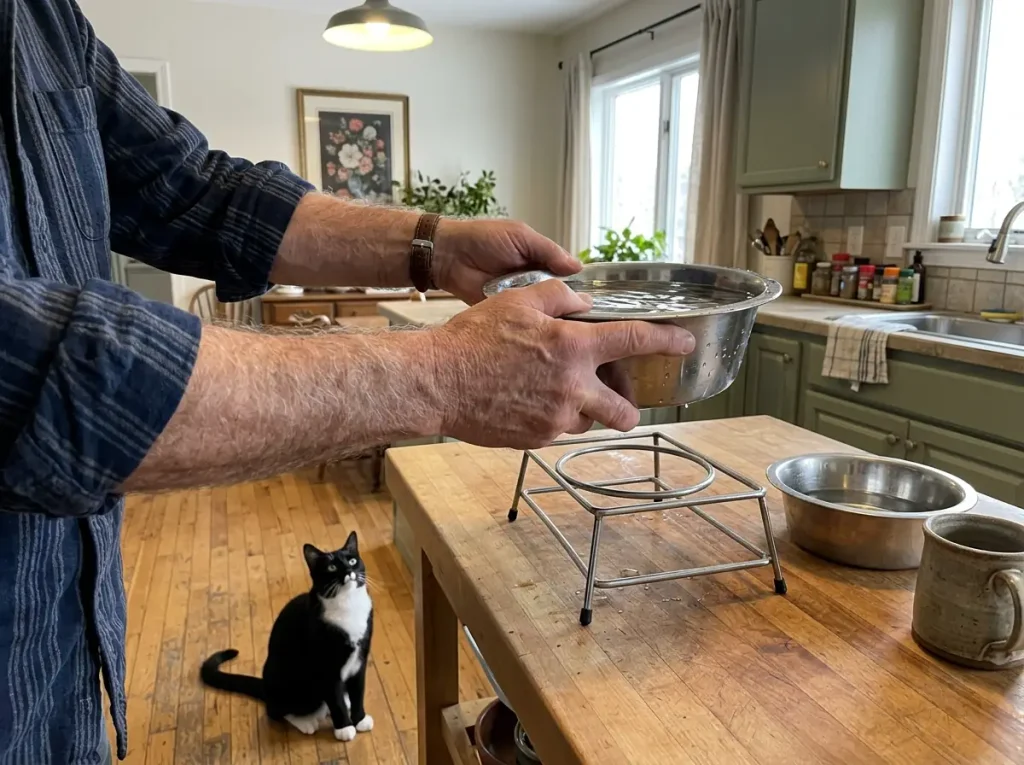 Hands lifting a full water bowl out of a raised stand on a farmhouse kitchen counter