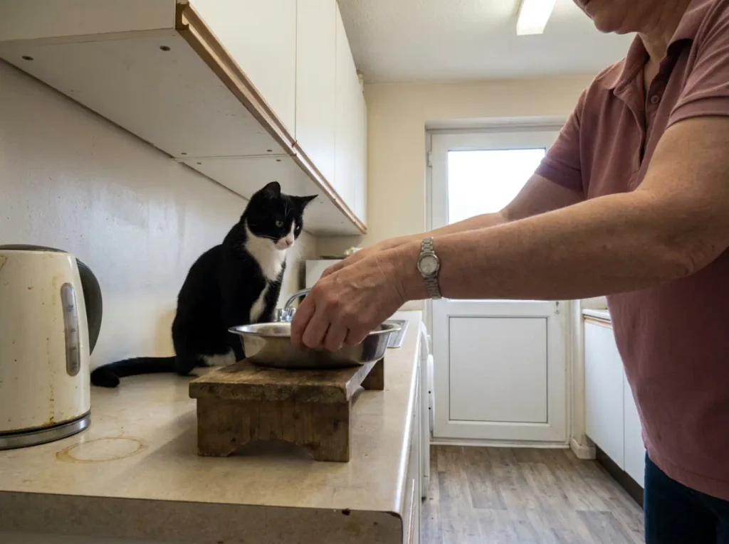 Hands setting a flat cat dish on a low wooden riser to test feeding height