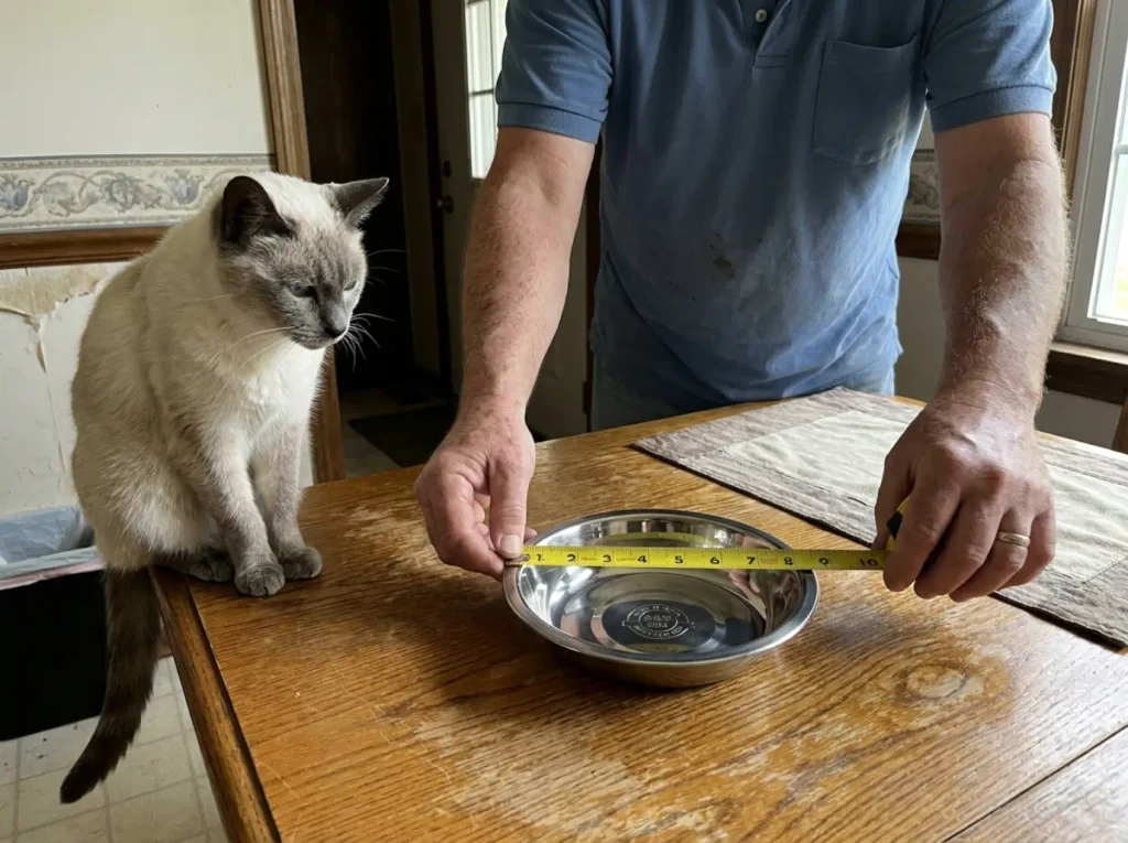 A shallow stainless cat bowl and a tape measure laid across it on a dining table
