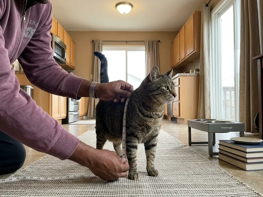 Hands holding a tape measure against a cat's shoulder to find elevated bowl height