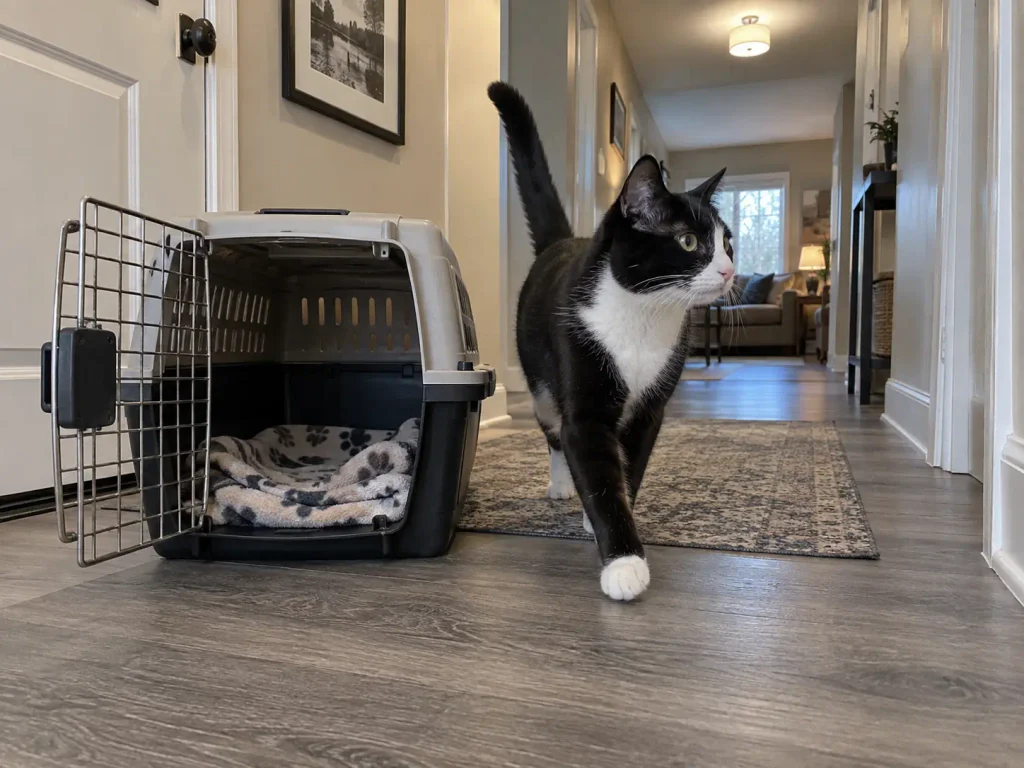 An open cat carrier waiting by the front door with a cat walking past it in a townhouse hallway