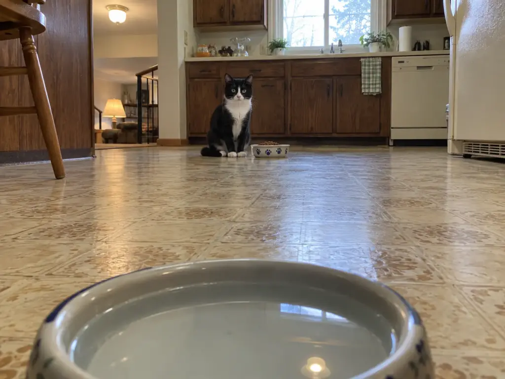 Low view across a kitchen floor from a cat water bowl toward the food dish a short distance away