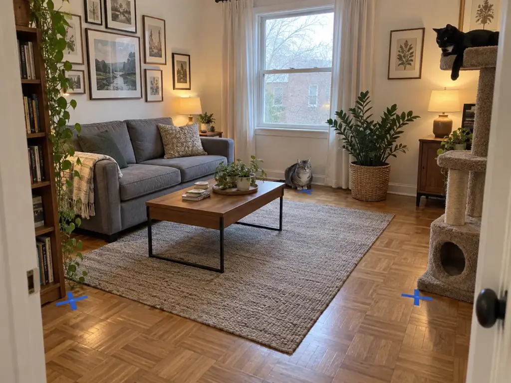 Small apartment living room with painter's tape marking spots for two cats' bowls, a tabby sitting on one mark