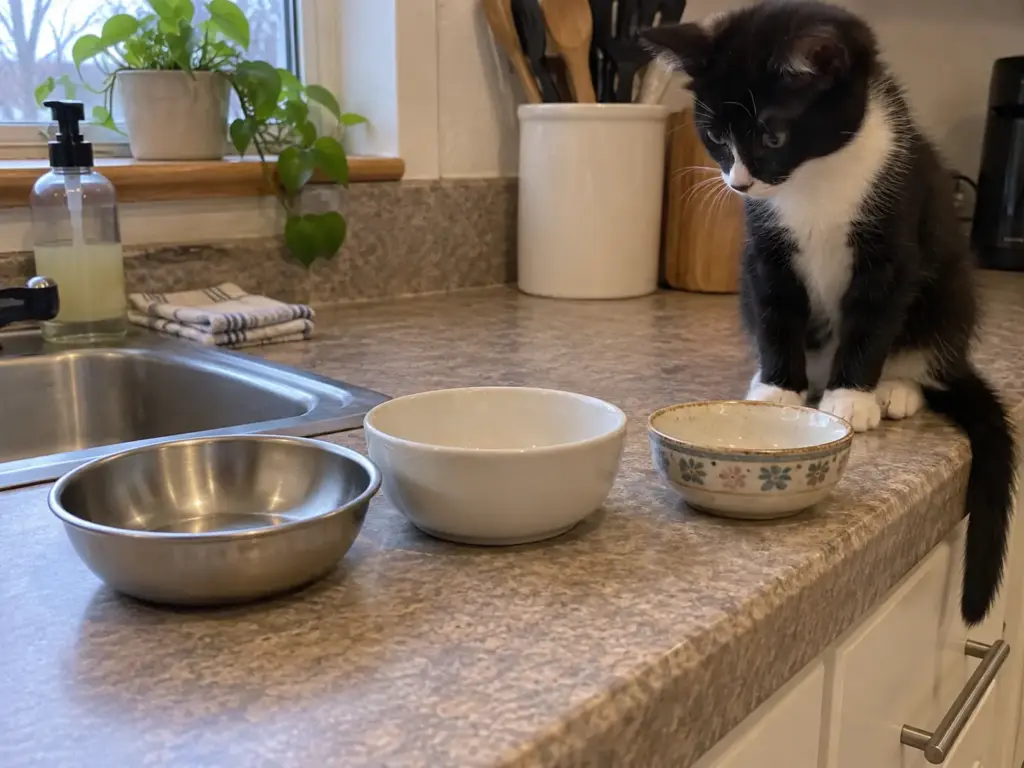 Stainless steel and ceramic cat bowls lined up on a kitchen counter beside the sink