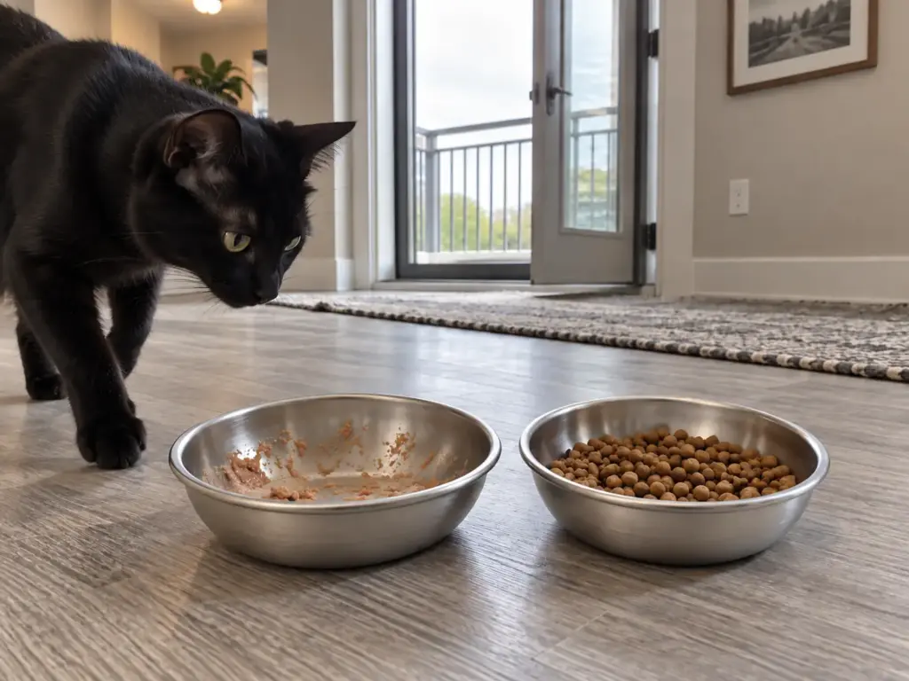 Two stainless steel cat bowls on an apartment floor, one wet-food and one dry, with a black cat approaching
