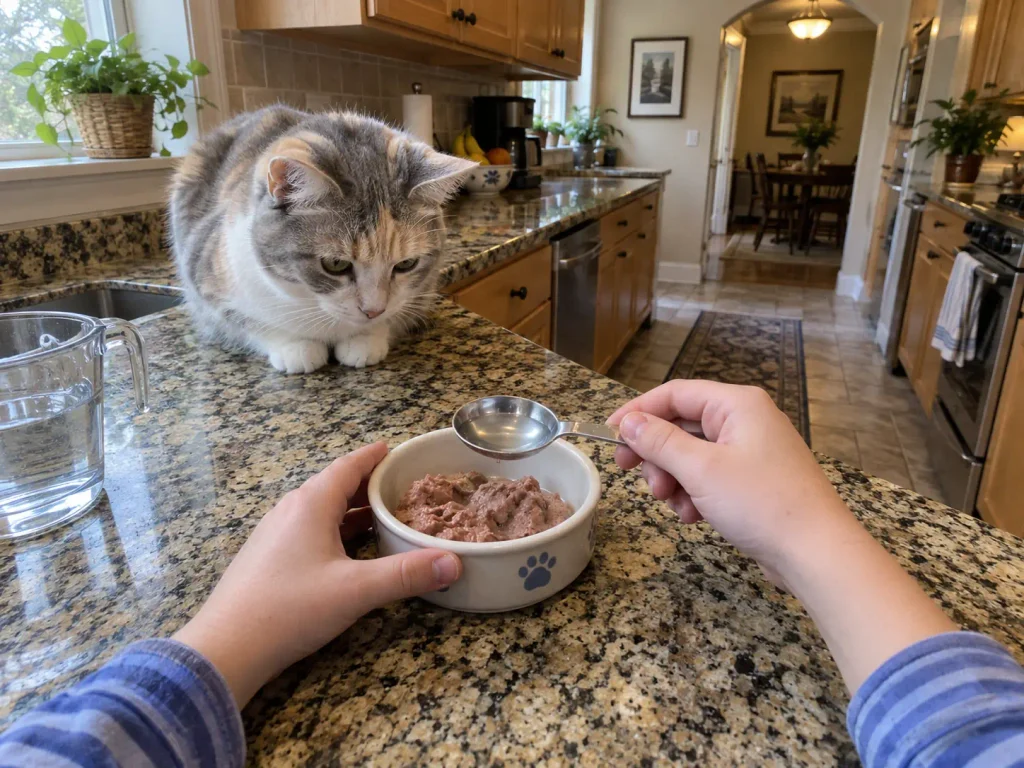 Hands holding a tablespoon of water over a bowl of wet cat food on a kitchen counter