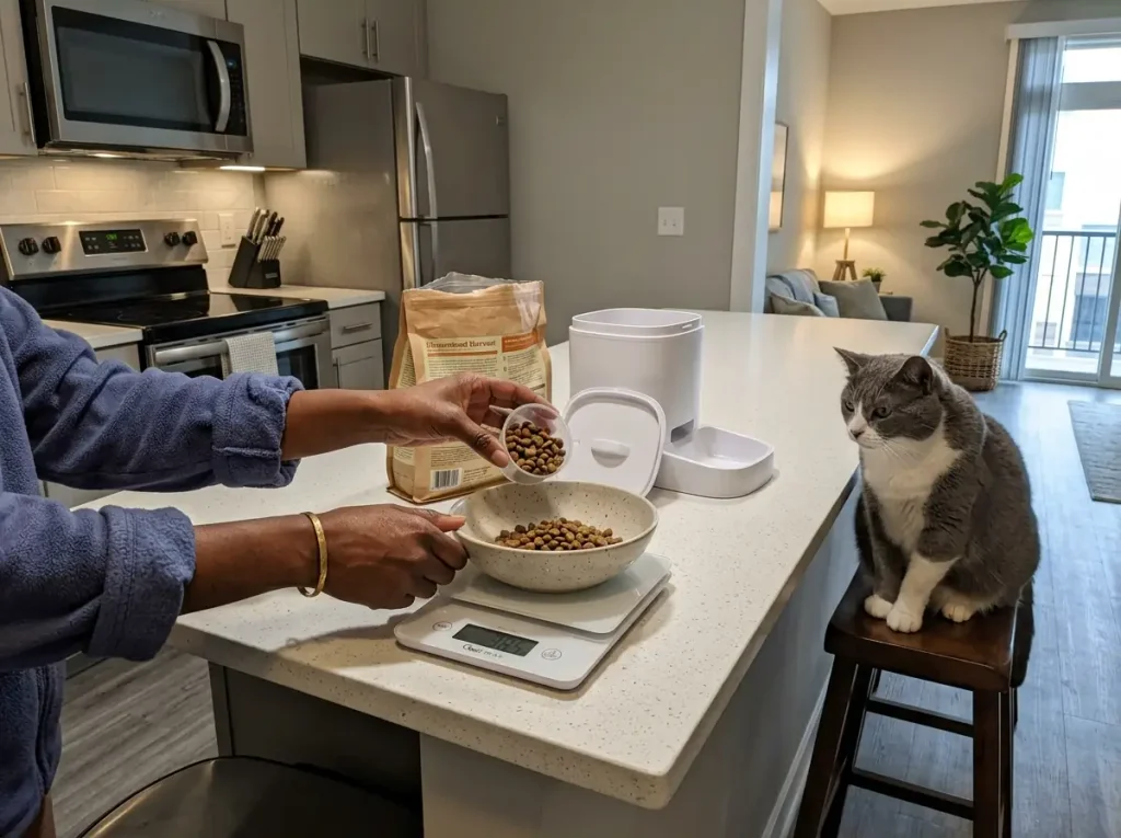 Hands weighing a portion of dry cat food on a kitchen scale before loading a feeder