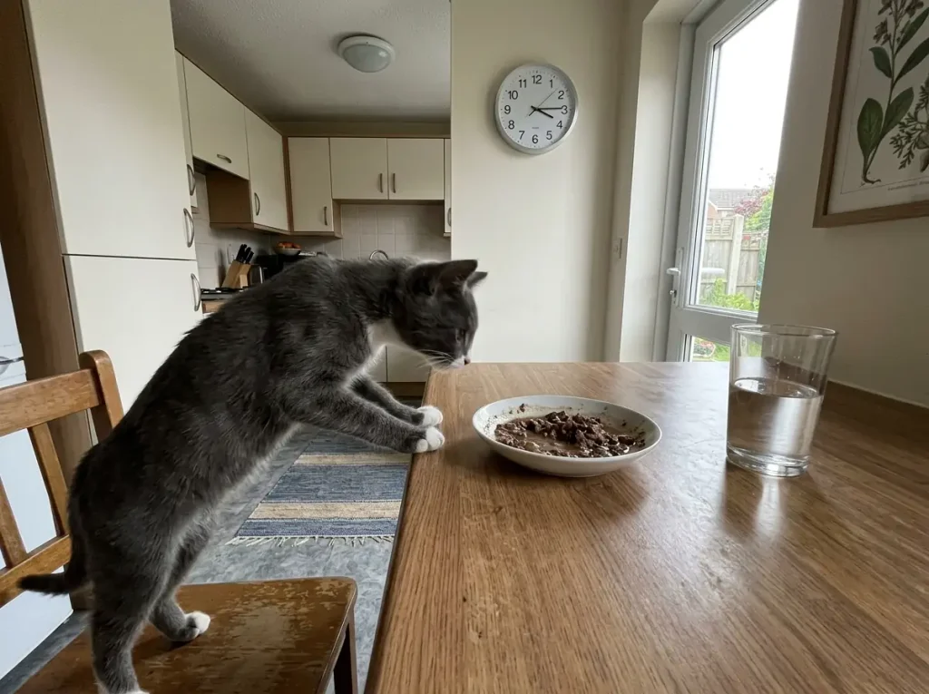 Shallow bowl of wet cat food left out on a counter under a wall clock, showing the two-hour window