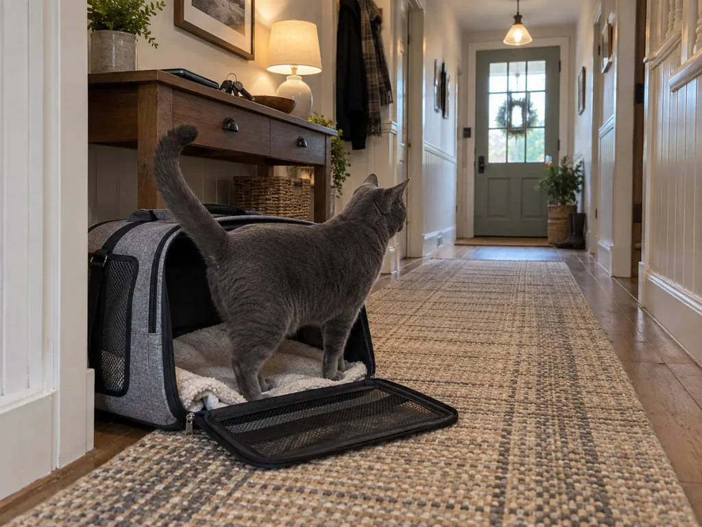 An open cat carrier on a hallway runner with a set of keys beside it