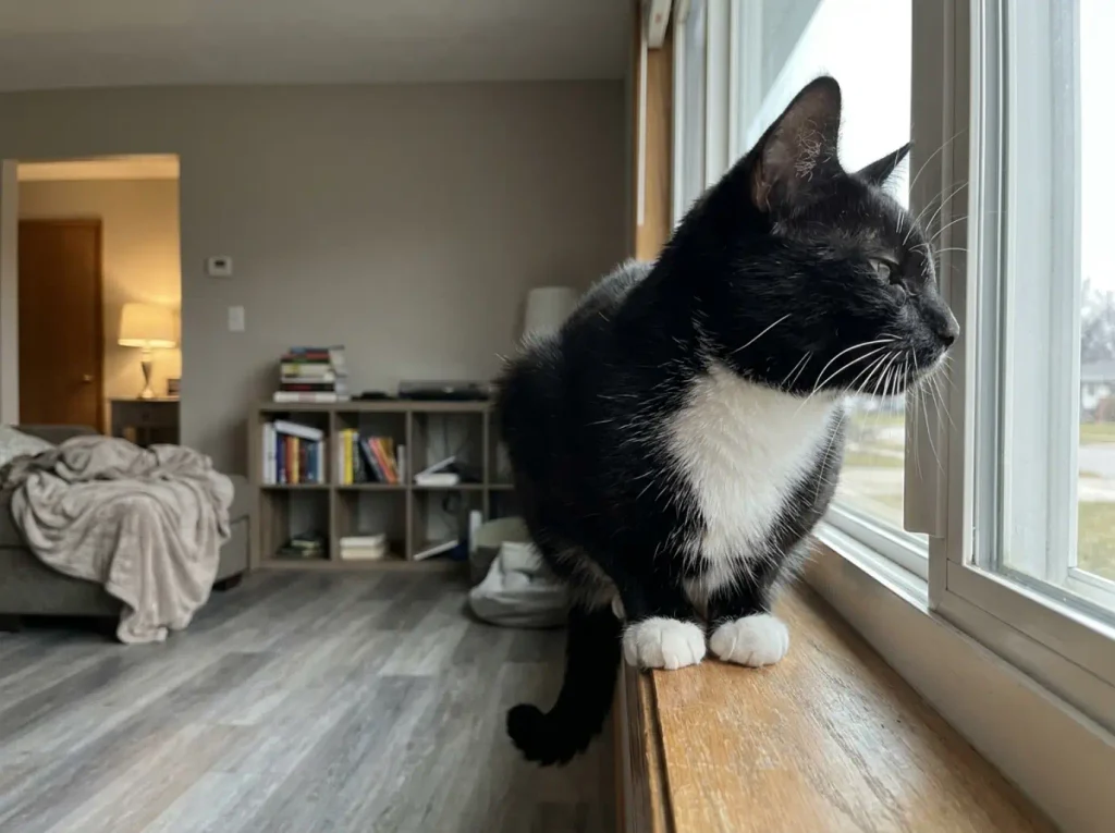 Close view of a black and white cat's face and whiskers as it looks through a window