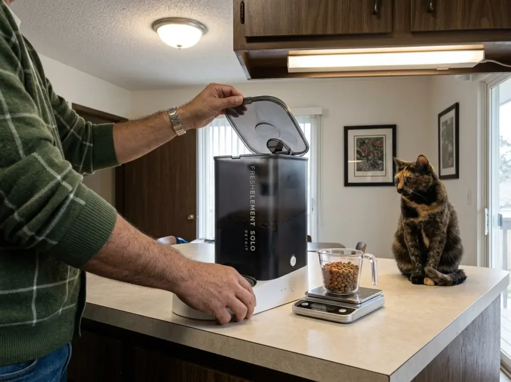 Hands opening the hopper of an automatic cat feeder on a kitchen counter to check the auger