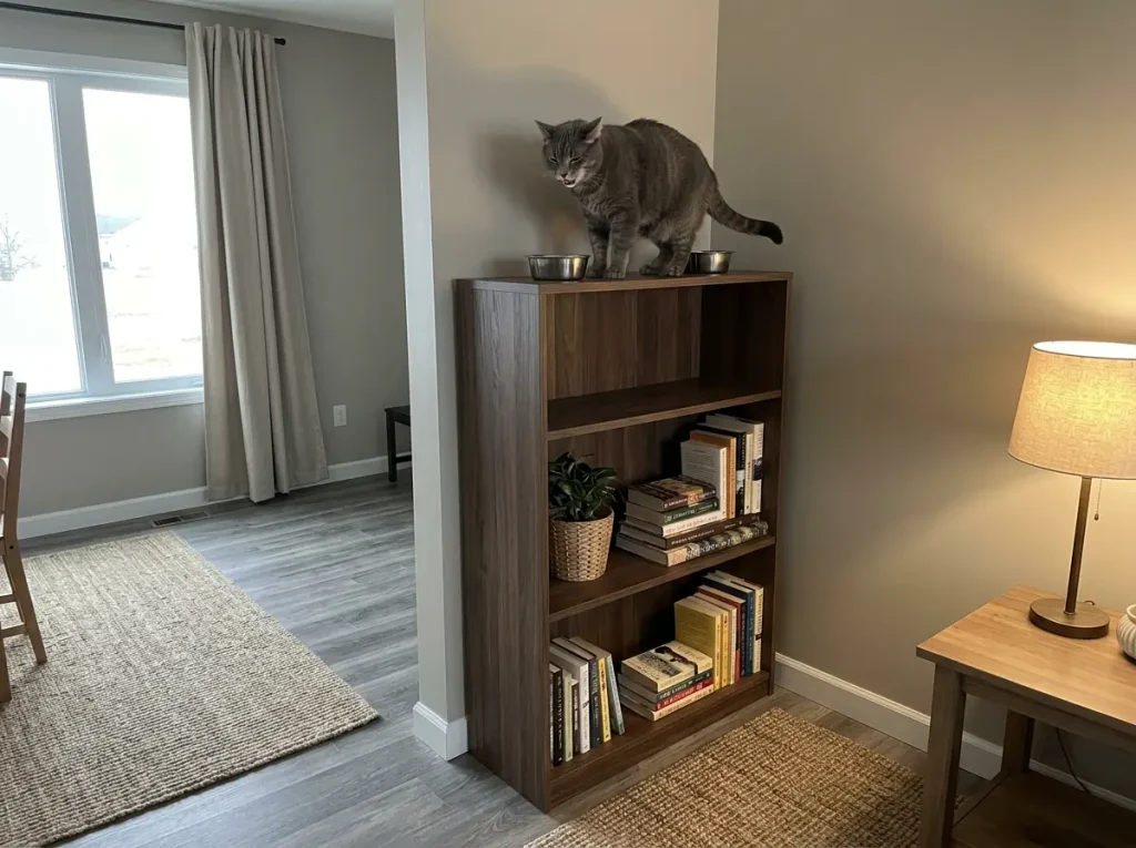 Cat eating from two bowls on top of a tall bookcase used as a no-drill feeding station