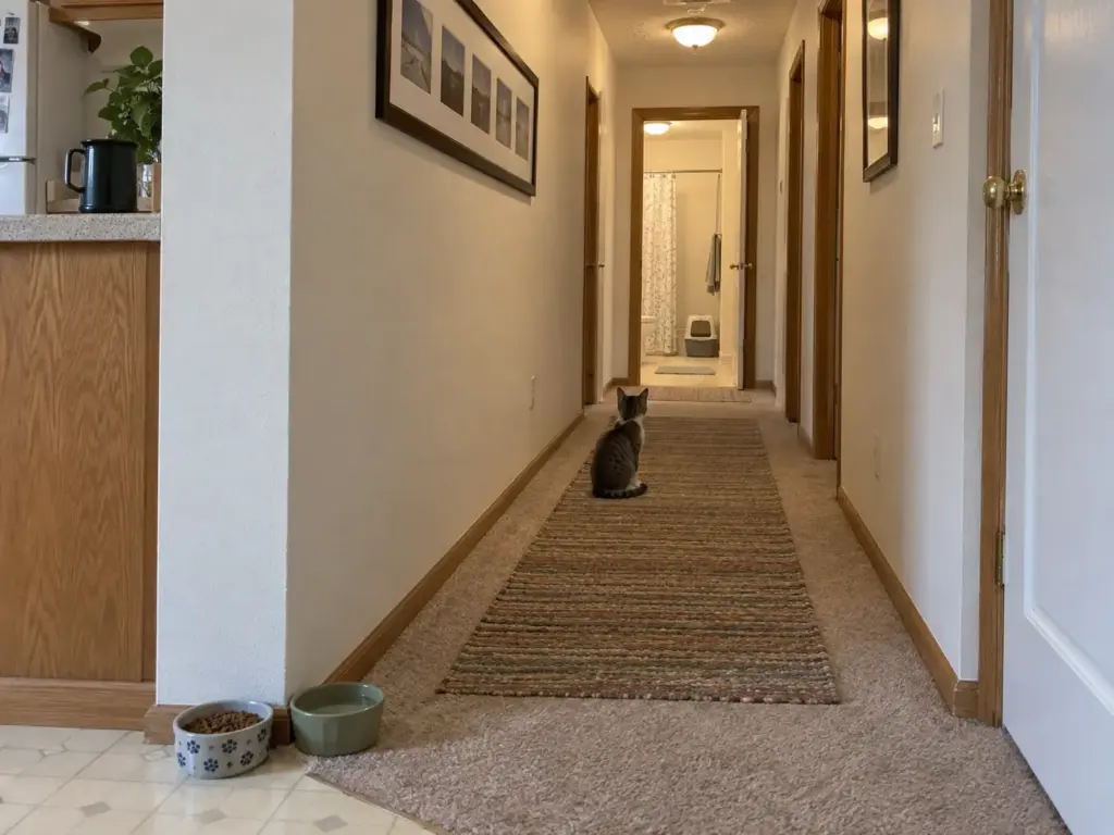A hallway between the kitchen bowls and a bathroom doorway with the litter box inside