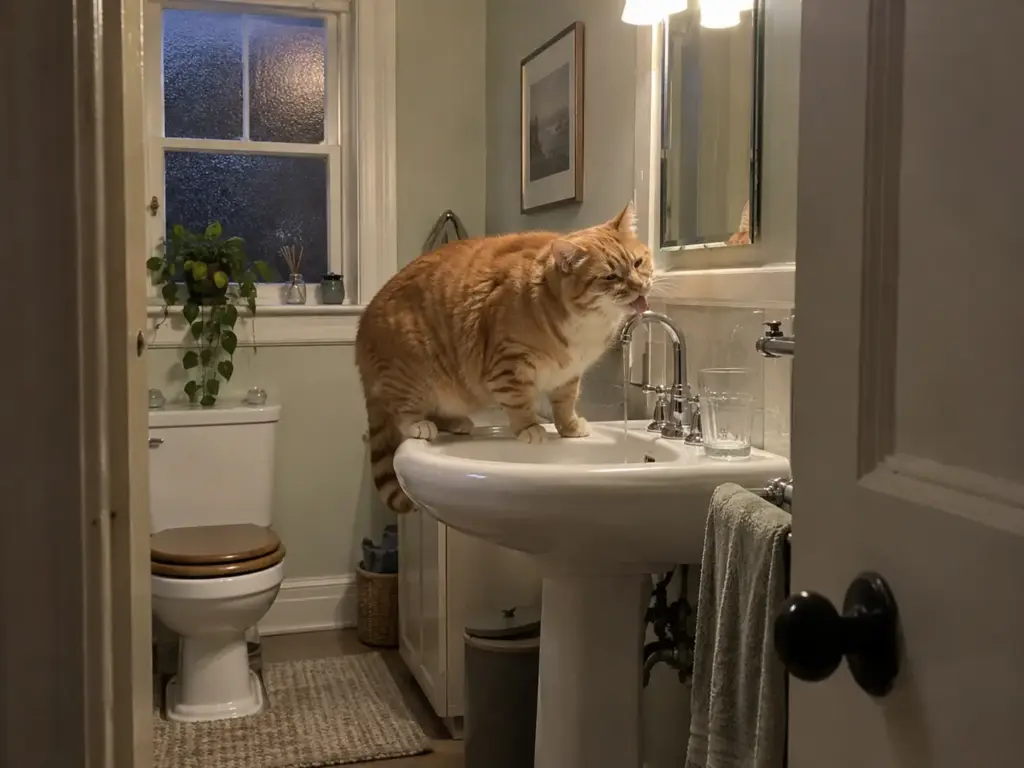 A ginger cat drinking from a dripping bathroom tap instead of its water bowl