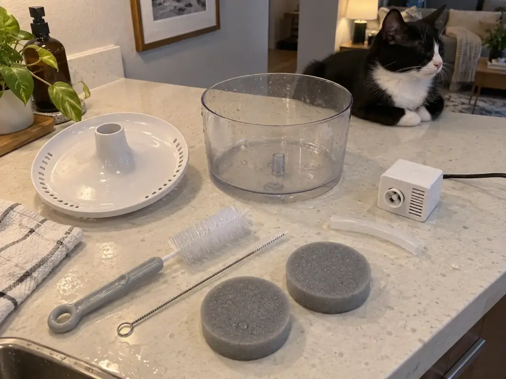 A cat water fountain stripped into its parts on the counter with long-handled cleaning brushes beside it