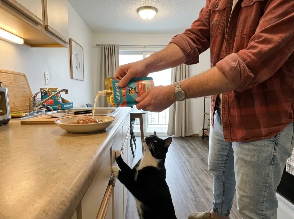 Broth topper poured over wet cat food to raise a cat's water intake