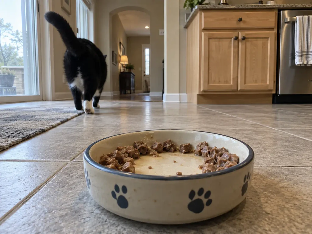 A cat bowl licked clean in the middle with untouched food left around the edges