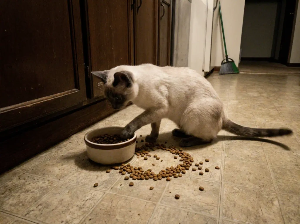 A cream-point Siamese mix paws kibble out of a bowl onto the kitchen floor to eat it