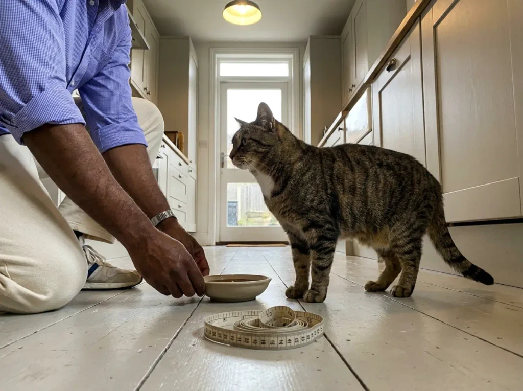 A cat standing in profile beside a food bowl showing the height from floor to elbow