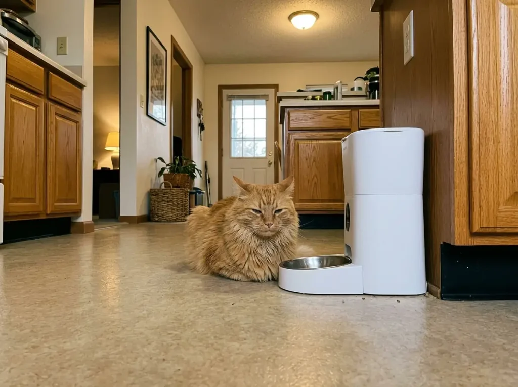 Cat sitting and waiting in front of an automatic feeder between scheduled meals