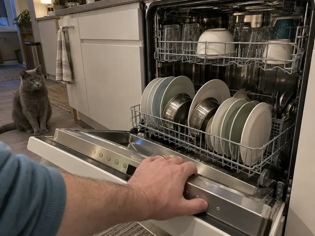 Hand on the top edge of an open dishwasher door, about to select the sanitizing cycle