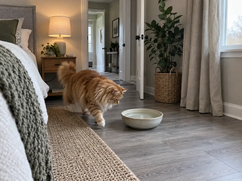 A water bowl in a quiet bedroom corner beside a nightstand, with a ginger cat approaching it