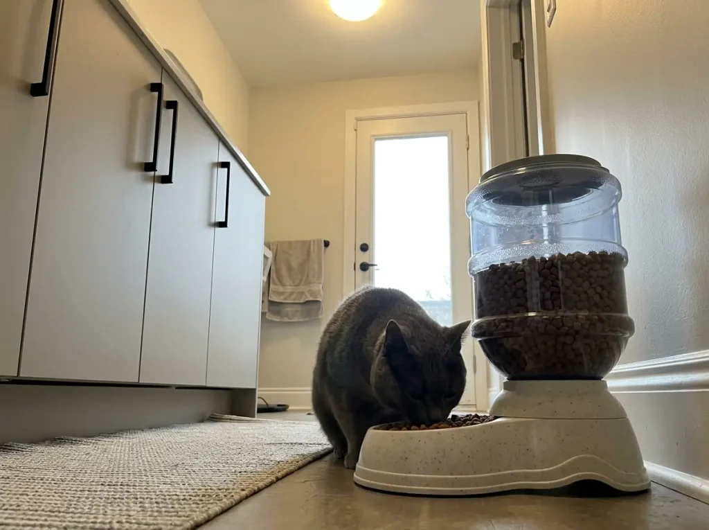 Amazon Basics gravity cat feeder on a utility room floor with a grey shorthair cat eating from it