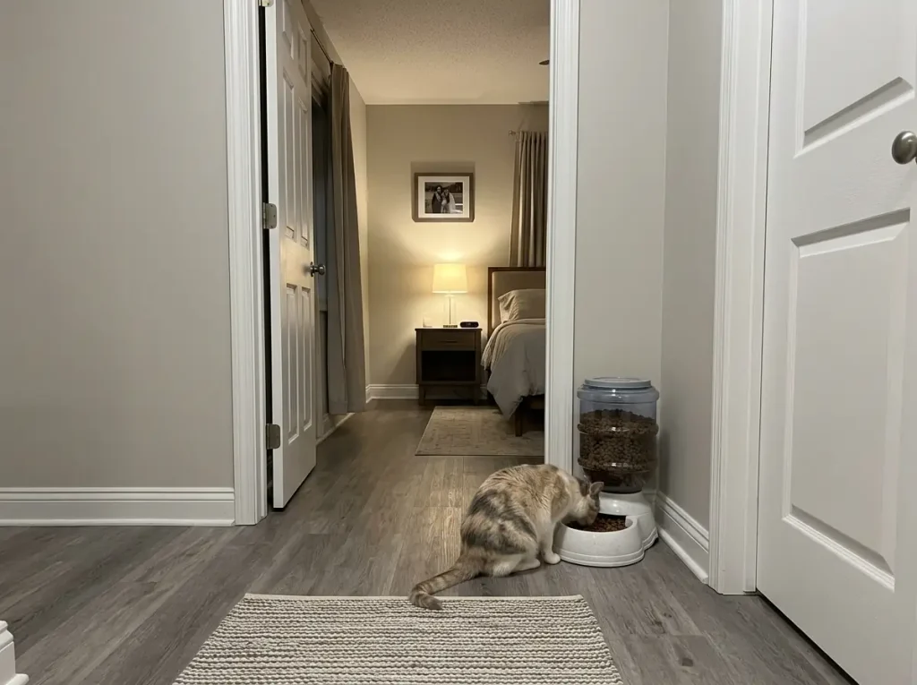 A gravity cat feeder set just inside a bedroom door as a separate feeding station