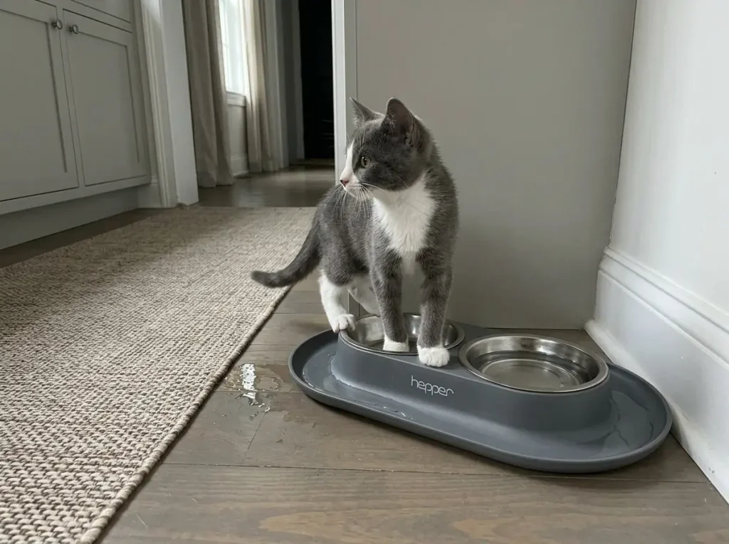 Hepper NomNom elevated cat bowls with a wide catch tray on a kitchen floor beside a pantry door
