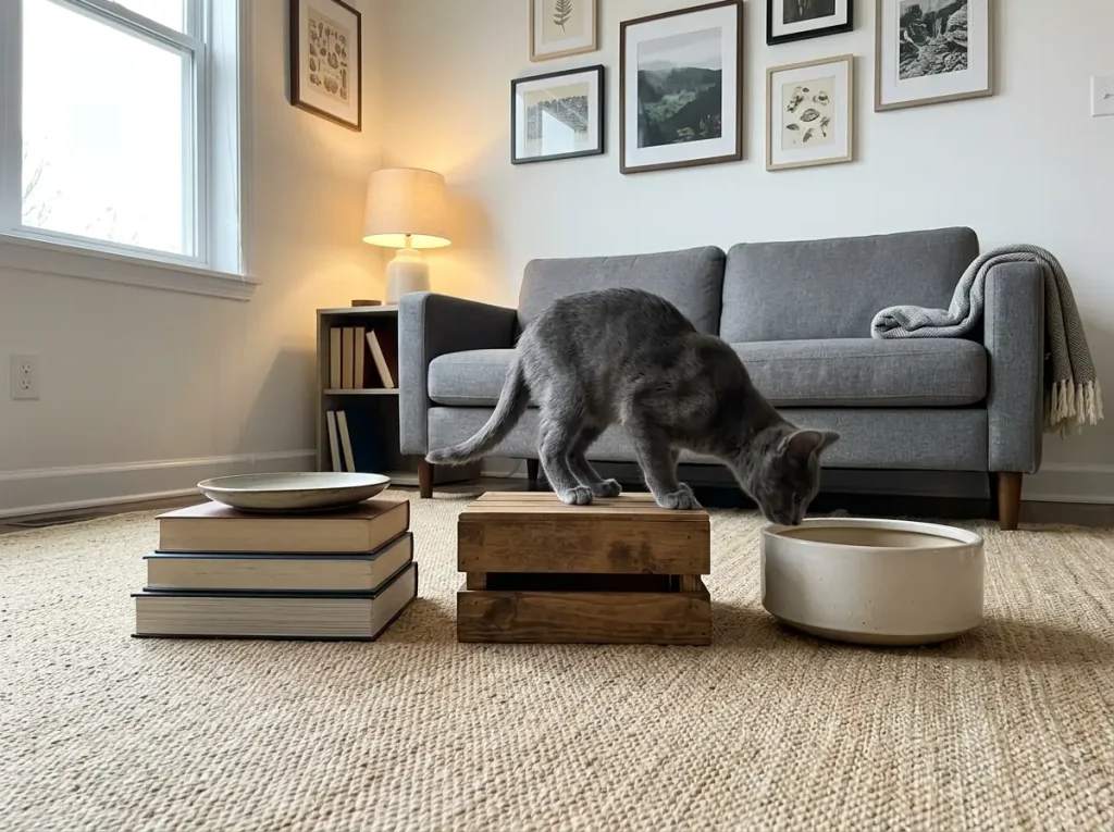 Hardcover books, a wooden crate and a wide ceramic planter laid out as bowl risers