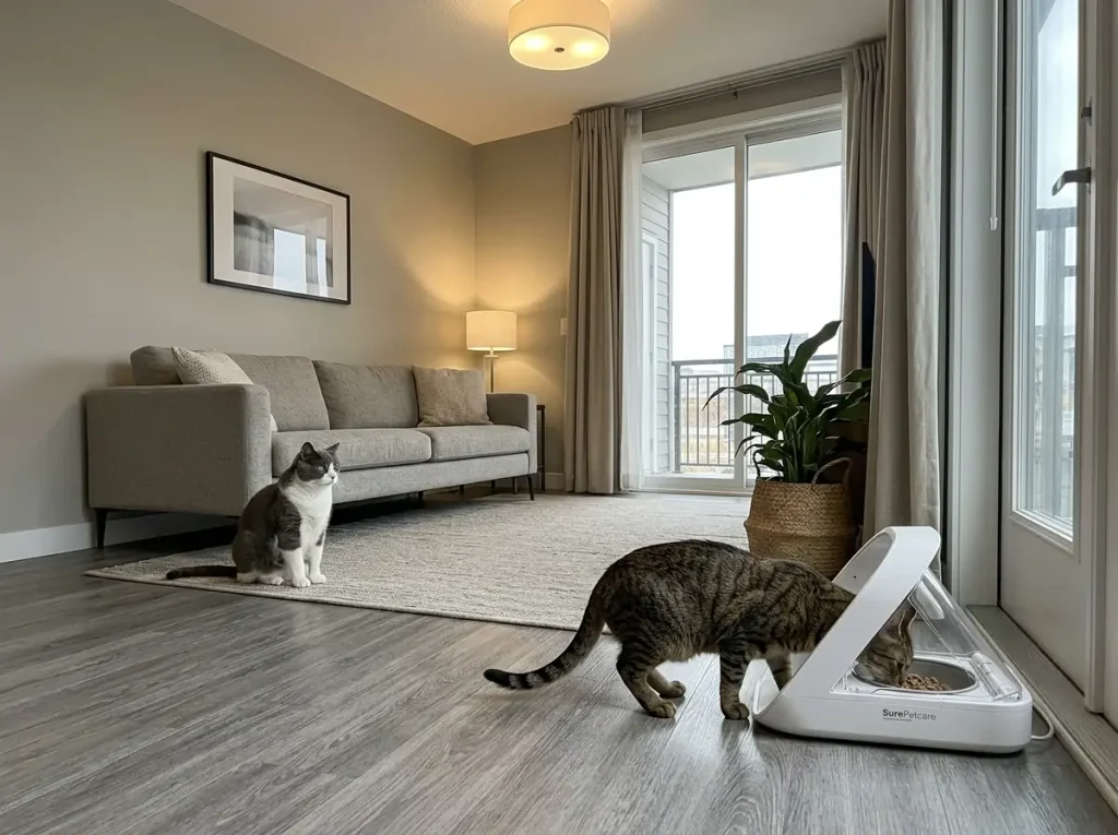 A microchip cat feeder on a living-room floor with one cat eating and another waiting a few feet away