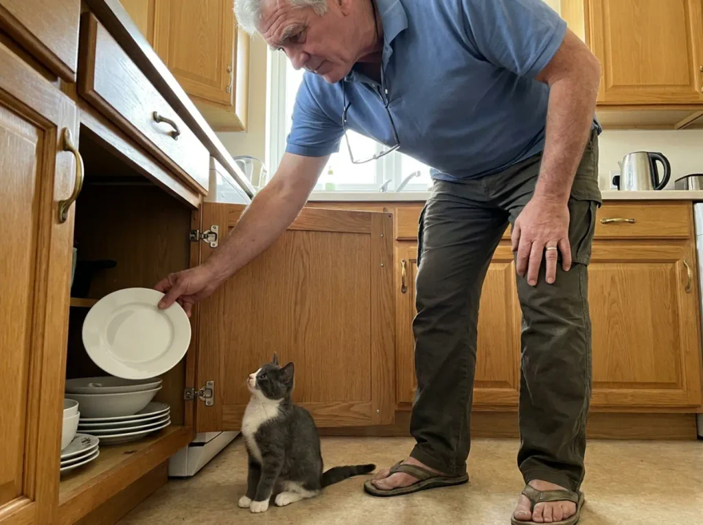 A man taking a plain flat side plate out of a kitchen cabinet to use as a cat dish