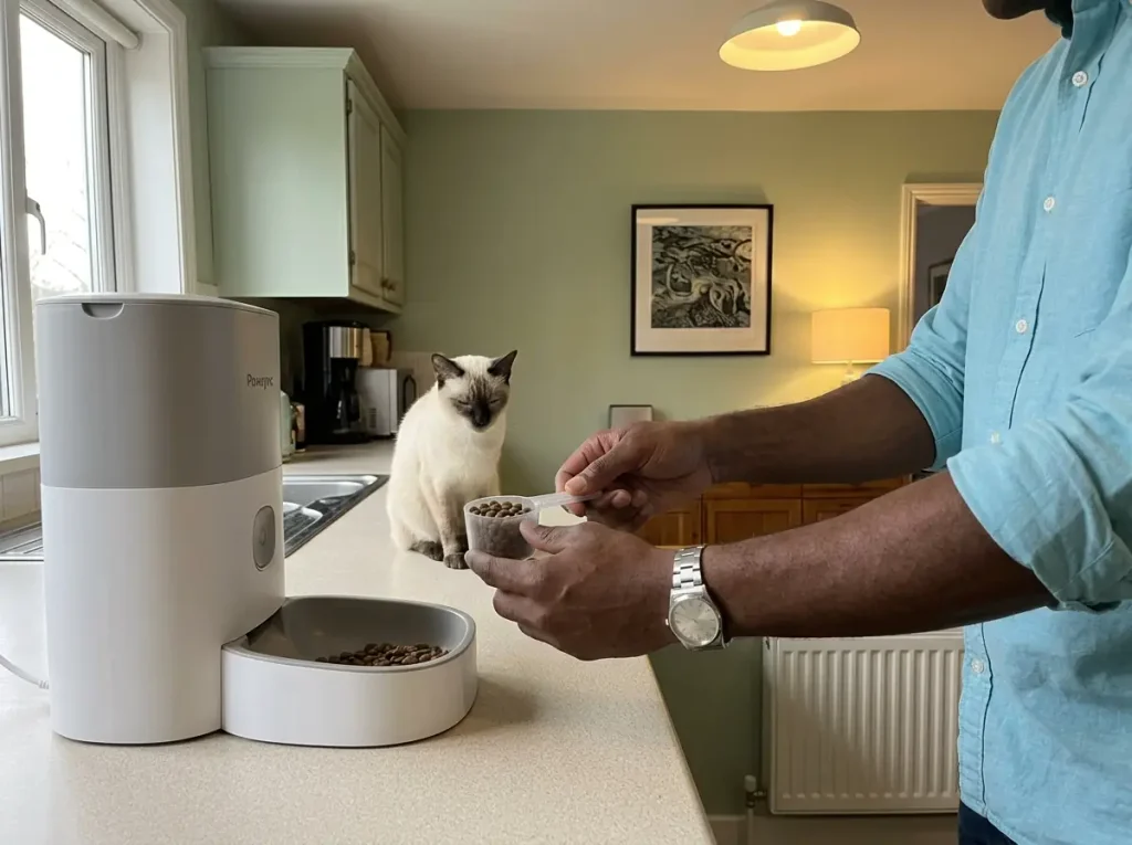 Hands holding a measuring scoop beside a smart-scale automatic cat feeder on a kitchen counter