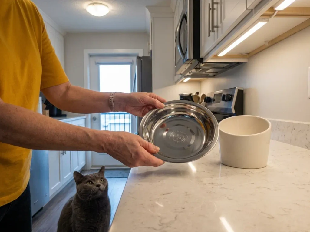 Hands holding a shallow stainless steel cat bowl next to the deep bowl it replaces