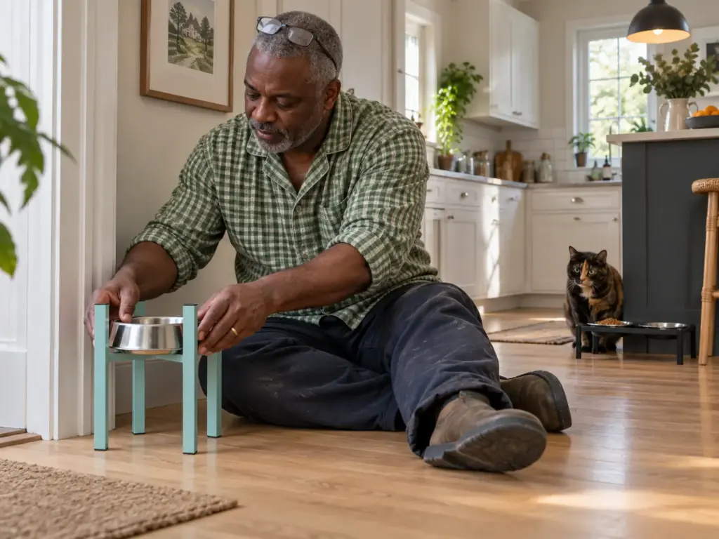 Man sitting on a kitchen floor setting a single water bowl on its own raised stand, away from the food