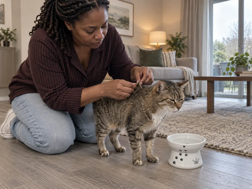 Hands gently lifting the scruff of an older cat to check skin hydration beside an elevated ceramic bowl
