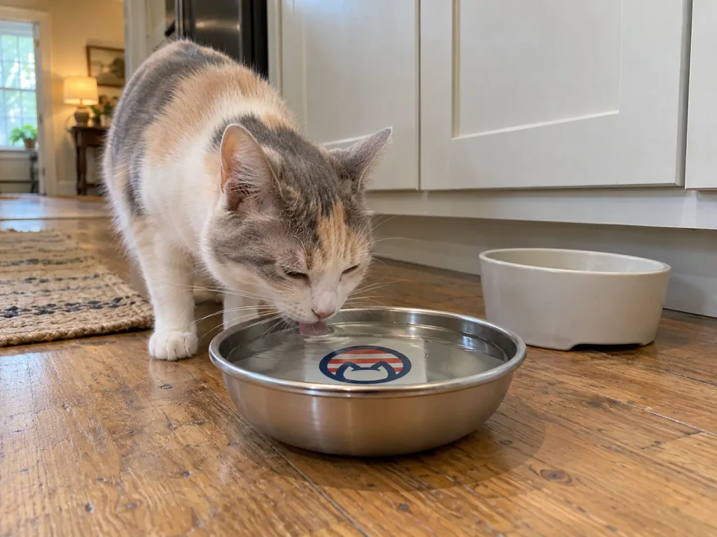 A shallow stainless steel cat water bowl filled to the brim beside an old scratched plastic one