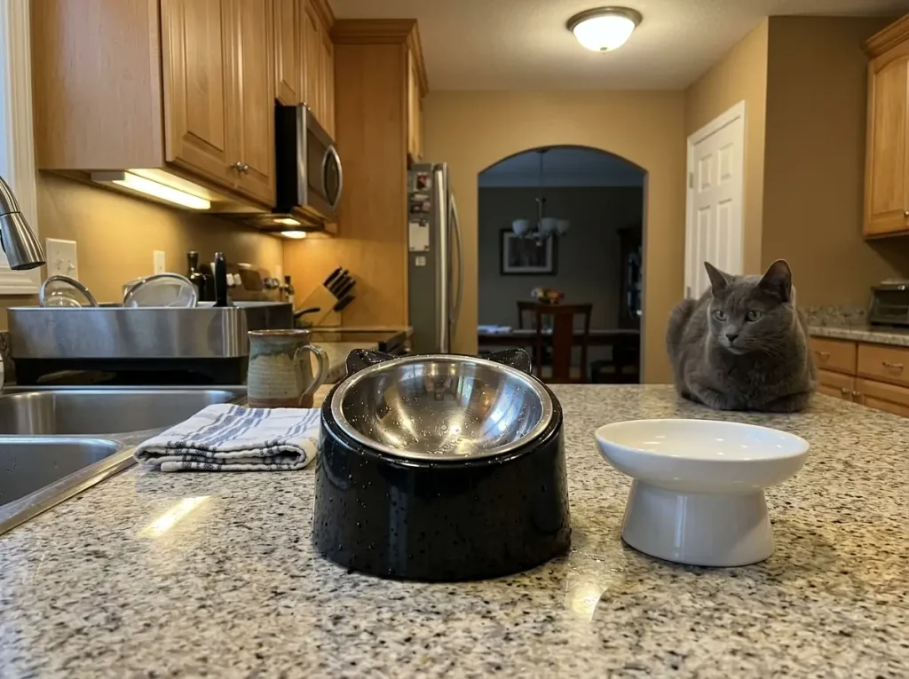 Stainless steel tilted cat bowl in its stand on a kitchen counter beside a ceramic one
