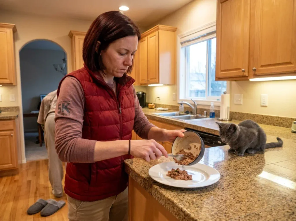 Woman scraping cat food from a deep bowl onto a plain flat plate at a kitchen counter
