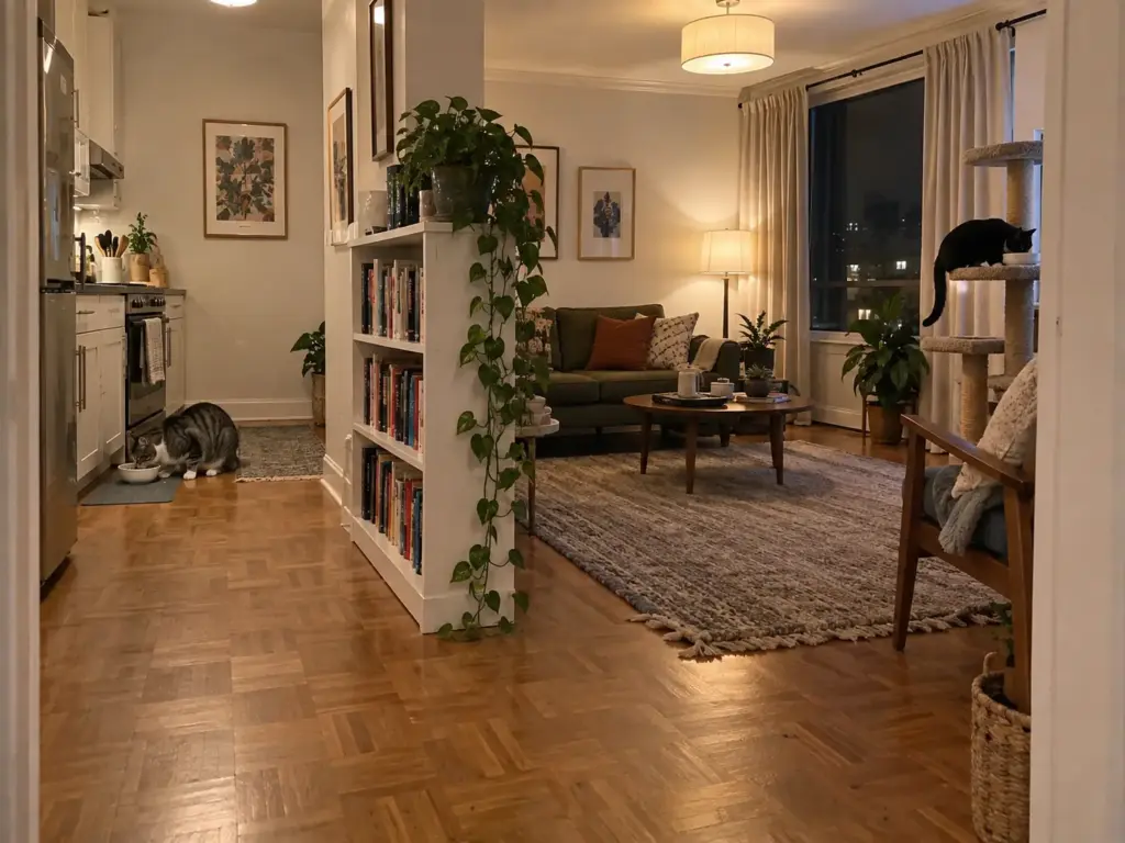 Two cats eating at two stations in a small apartment, one on a cat tree platform, one on the floor behind a bookcase