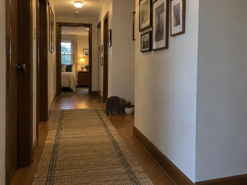 Cat water bowl placed at the end of a narrow hallway, around the corner from the kitchen