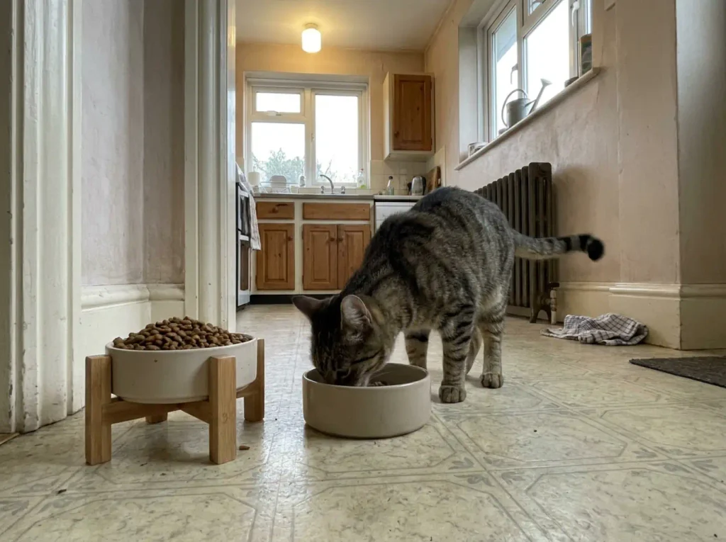 Young tabby cat ignoring a raised bowl and eating from a bowl on the floor