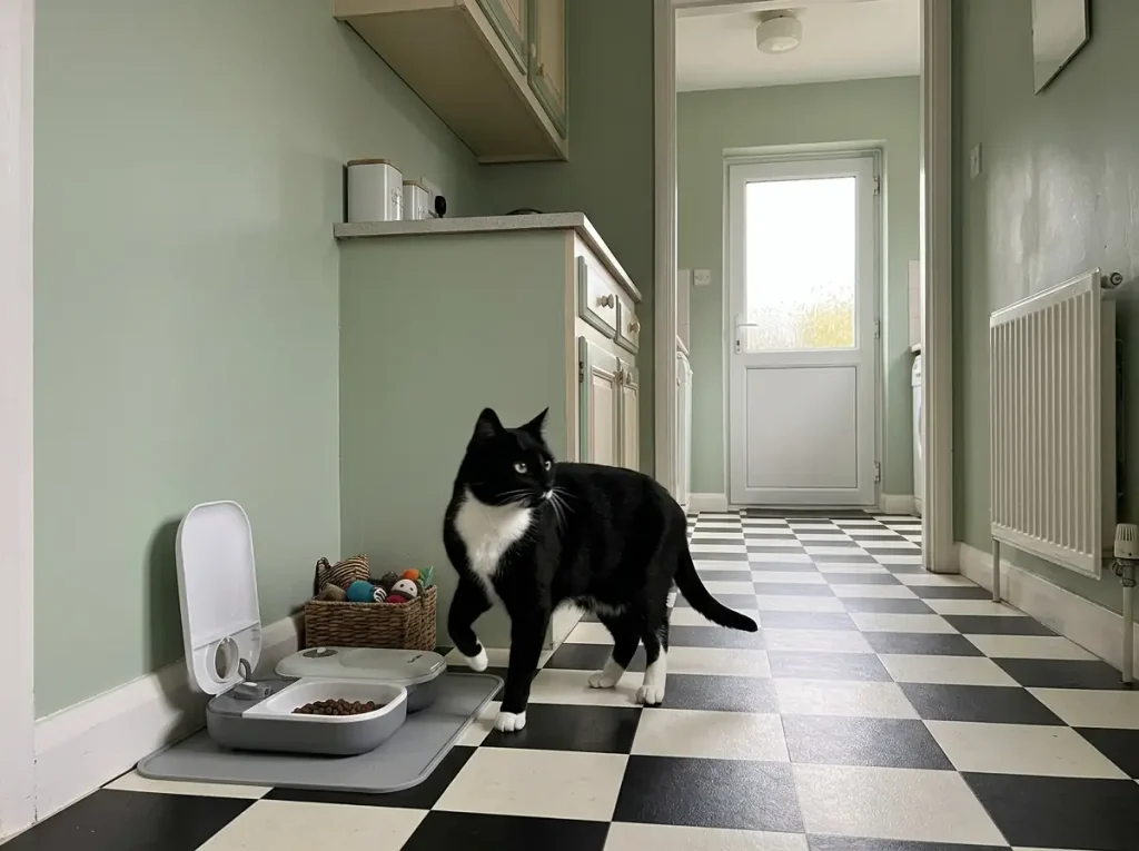 Battery-only two-bowl automatic cat feeder on a kitchen floor corner with no power outlet nearby