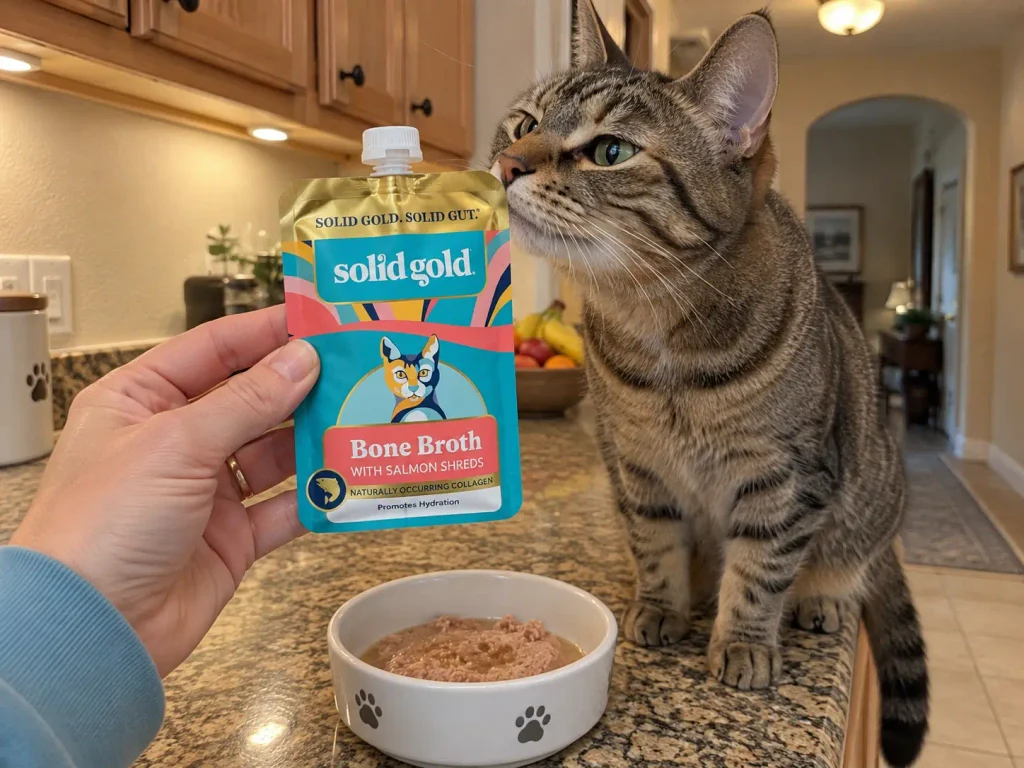 A single-serve bone broth cat food topper pouch on a kitchen counter beside a bowl of wet food
