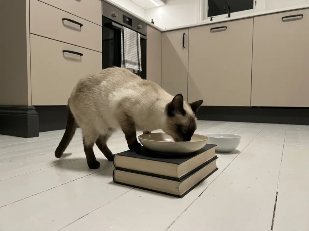 A cat eating from its usual bowl raised on a stack of two hardcover books on the kitchen floor